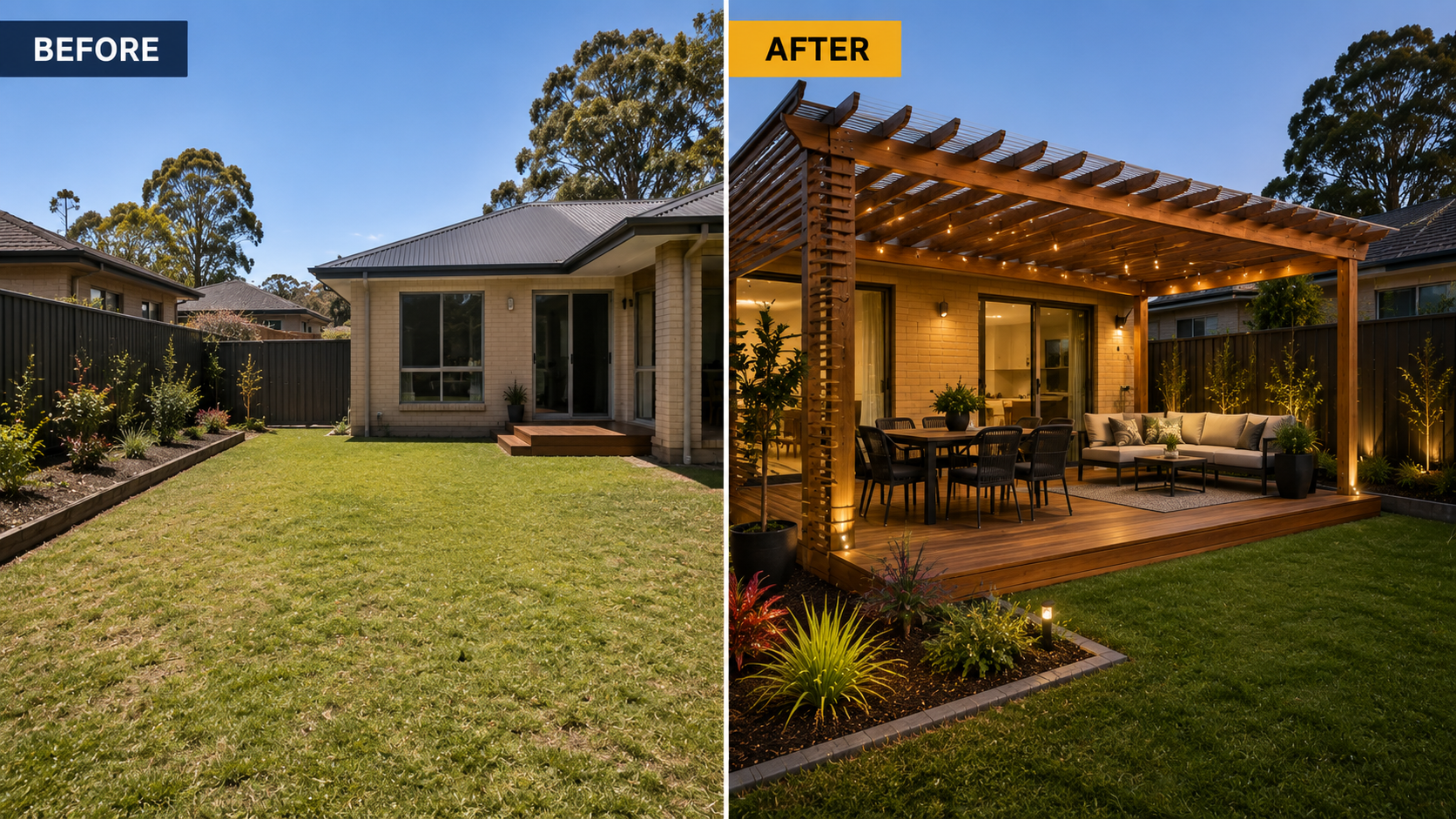 Before and after pergola project by Inzain Creations